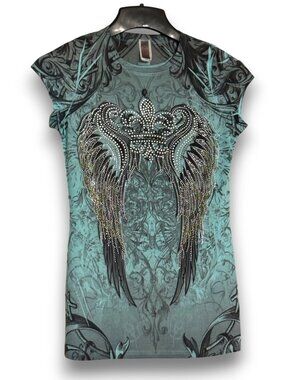R. Rouge USA Y2K Style Teal Graphic Wing Top Rhinestone Accents Size Medium Fits